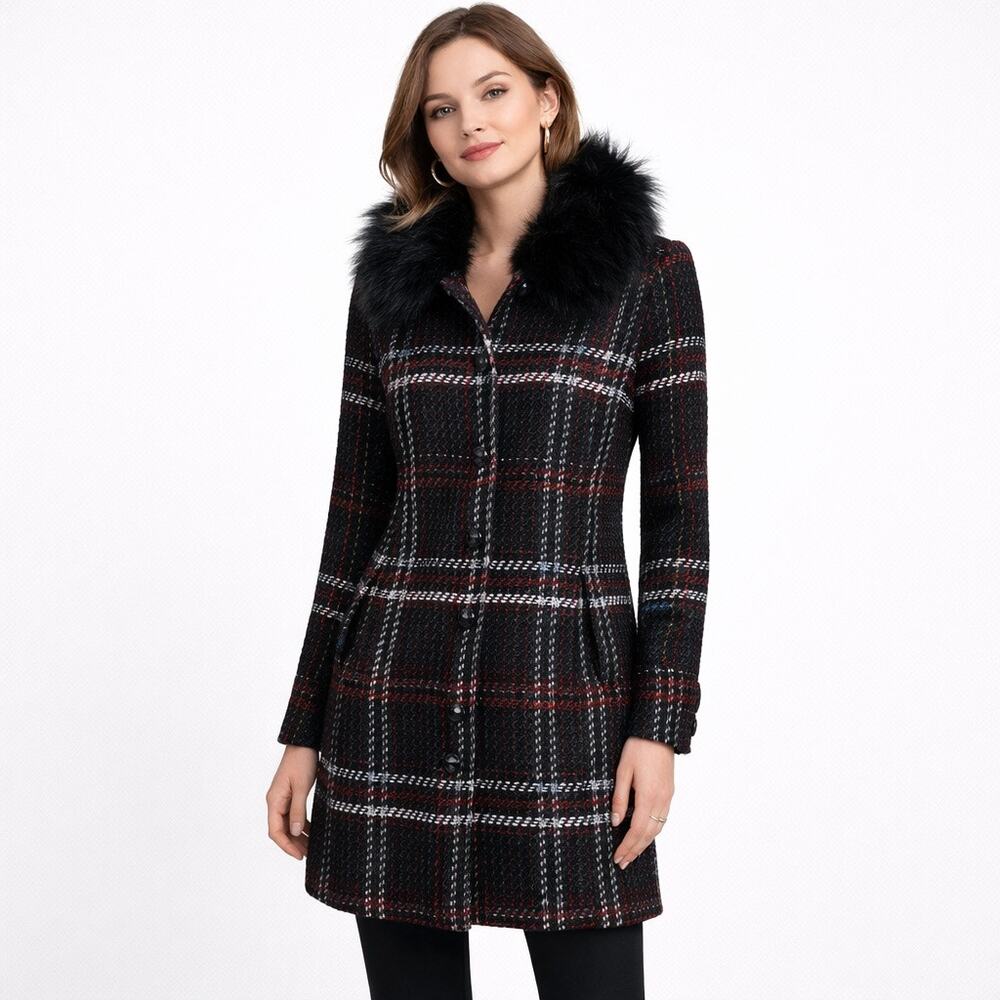 White House Black Market Tweed Plaid Jacket Faux Fur Collar Wool Blend S
